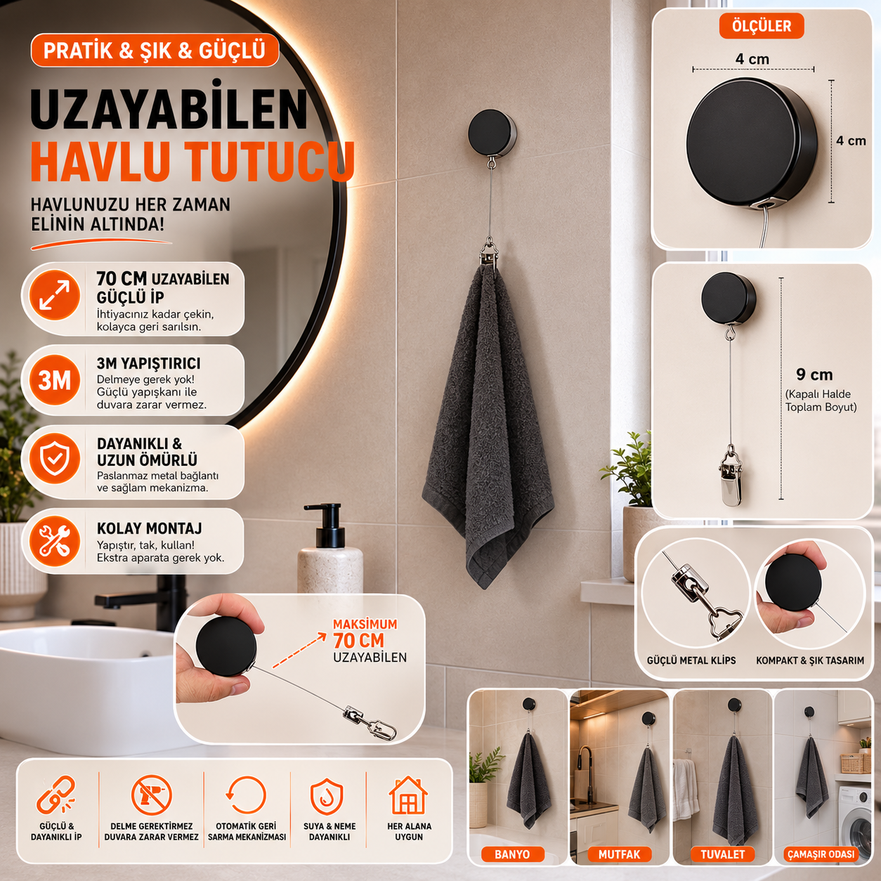 Çok Amaçlı Uzayabilen Havlu Tutucu - Mutfak & Banyo (Siyah)