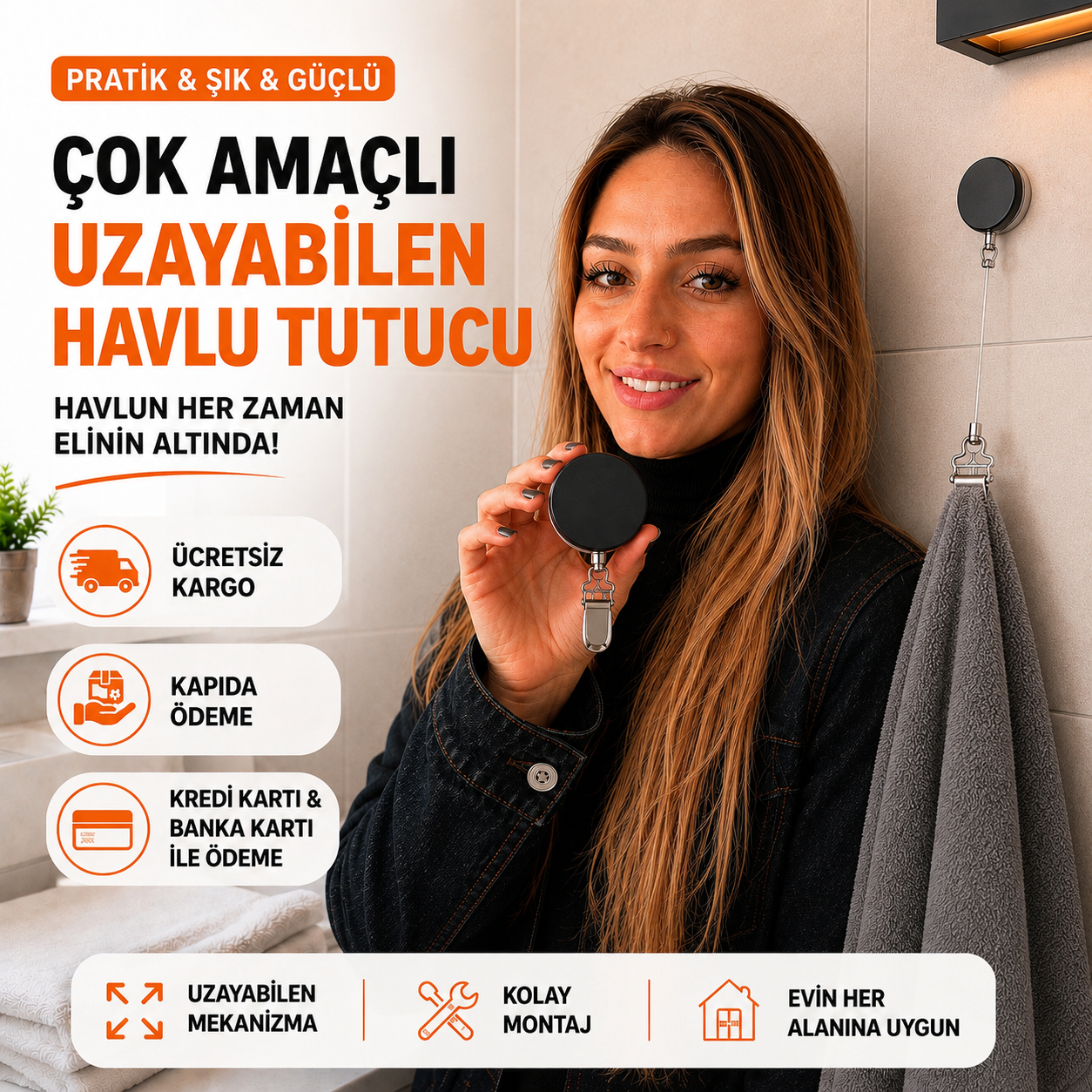 Çok Amaçlı Uzayabilen Havlu Tutucu - Mutfak & Banyo (Siyah)